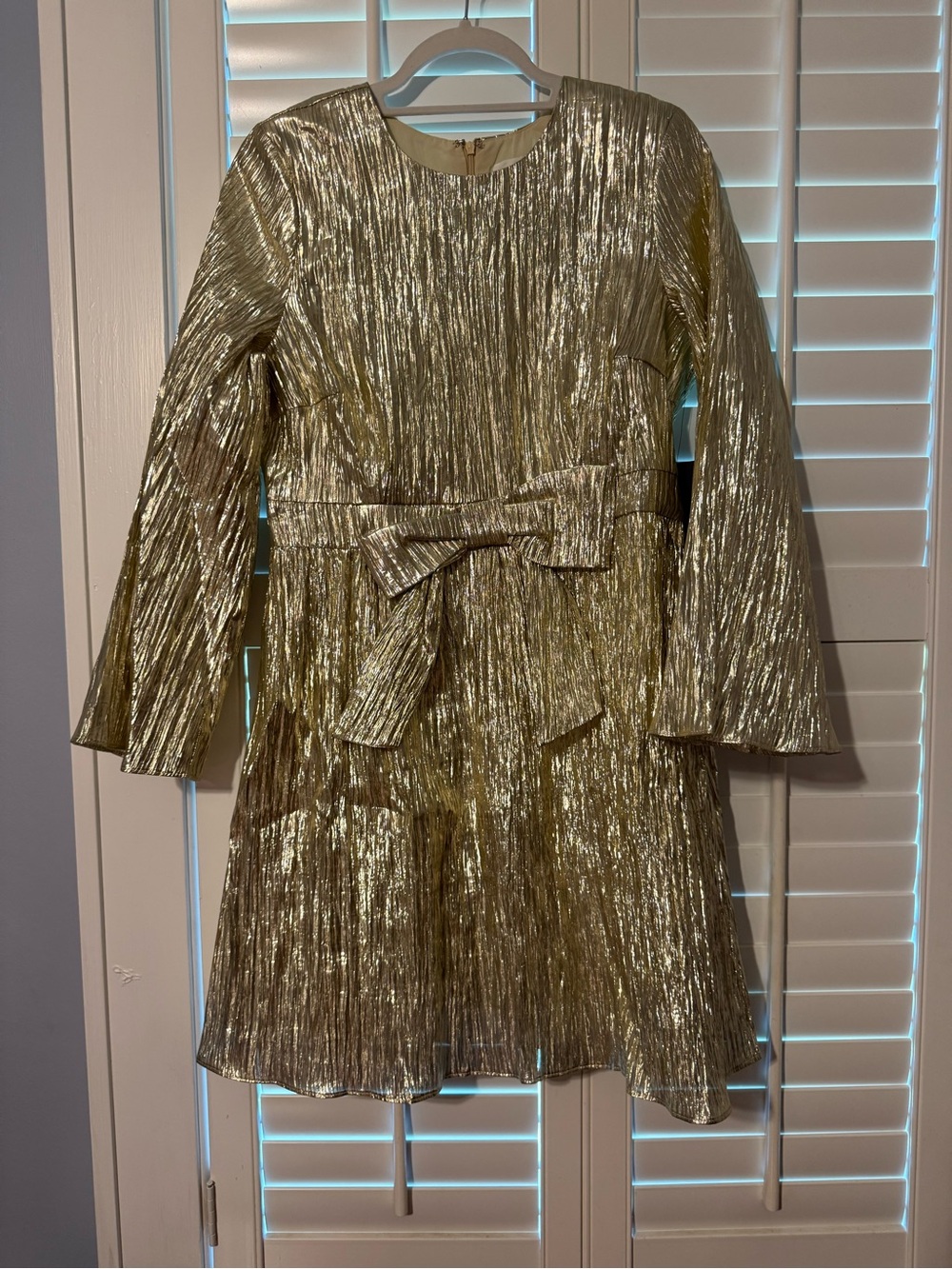 Gold Metallic Long Sleeve Belted A-Line Dress